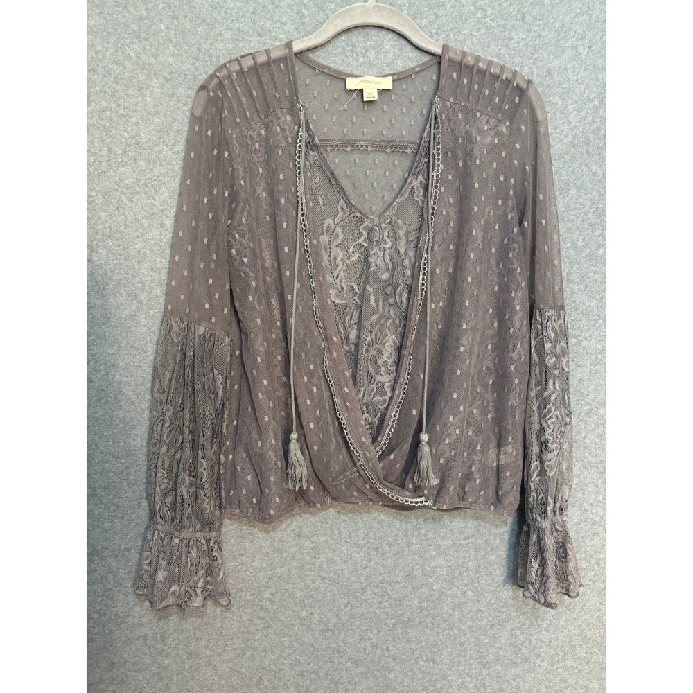 Onetheland Lace Mesh Boho Blouse Women's‎ Medium Taupe Sheer Tassel Top